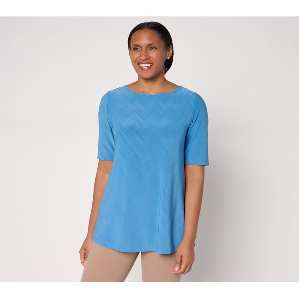 Susan Graver Women's Top Sz L Jacquard Liquid Knit Elbow Slv A-Line Blue